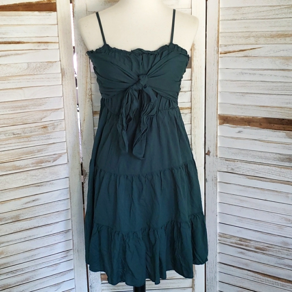 Dark Green Spaghetti Strap dress with an elastic top and layered bottom